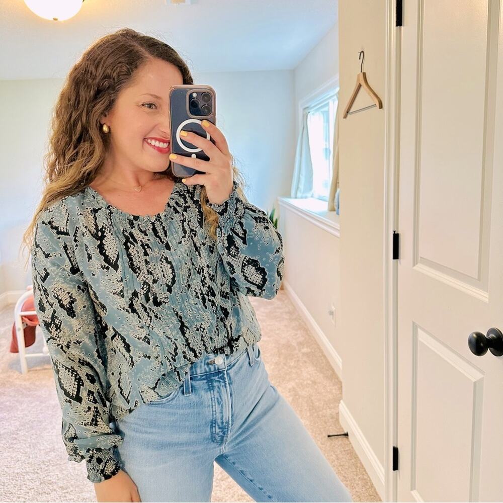 Tolani Blue Black Silk Snake Print Blouse Long Sleeve XS